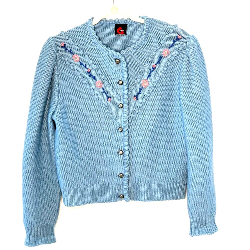 Vintage Giesswein Tirol Blue Floral Bobble-Knit Cardigan Wool Popcorn Stitch L